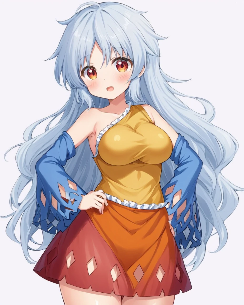 sakata nemuno,1girl, solo, multicolored_dress, open_mouth, nata_\(tool\), yellow_dress, detached_sleeves, single_strap, blue_sleeves, orange_dress, cleaver, blush, red_dress, weapon, breasts, red_bow, :d, hand_on_hip, bare_shoulders, one-hour_drawing_challenge, white_border, holding, looking_at_viewer, cowboy_shot
<lora:sakata_nemuno_image573_2023-12-20-000015:1>,star-shaped_pupils,symbol-shaped_pupils,. gorgeous,key visual, vibrant, studio anime,award-winning, professional, highly detailed,high budget, cinemascope