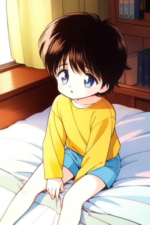 <lora:Sakura_Nao:0.8> Nao-kun, 1boy, solo, black hair, brown hair, short hair, otoko no ko, child, blue eyes, Yellow sleeve, short pants,
home in the room, bed, 1990s \(style\),
masterpiece, high quality, very_high_resolution, large_filesize, full color,