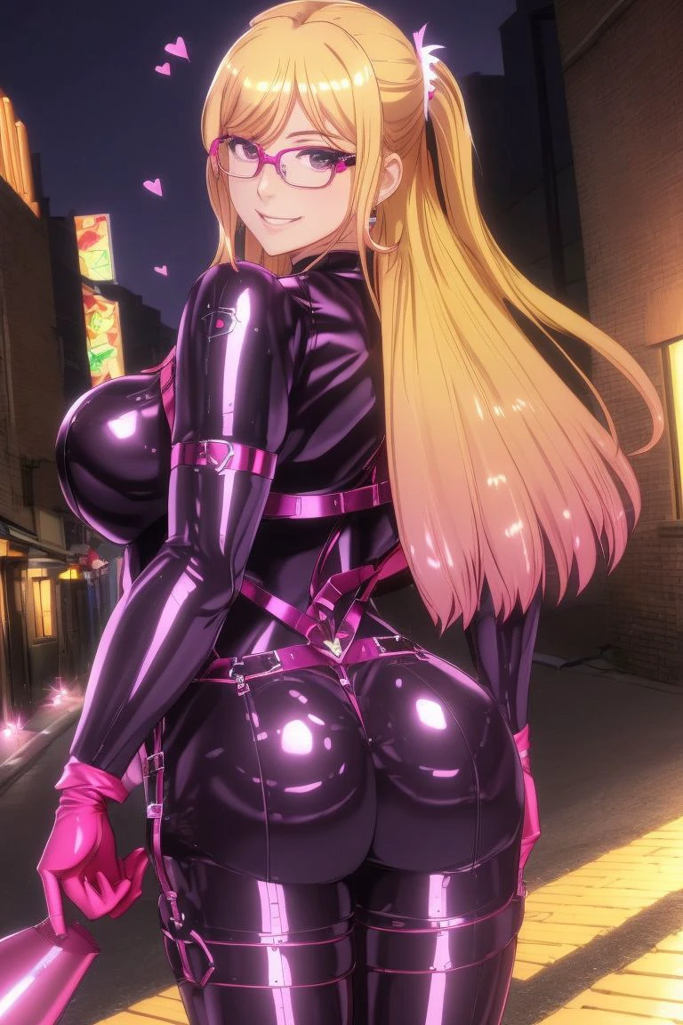 high resolution, masterpiece, high quality, perfect face,  <lora:Shizuru-Spysuit:.9>, Shizuru, purple spysuit, body harness, heart loops, large breasts, pink gloves, blonde hair, extremely glossy, glasses, seductive smile, very dark city alley, night time, viewed from behind