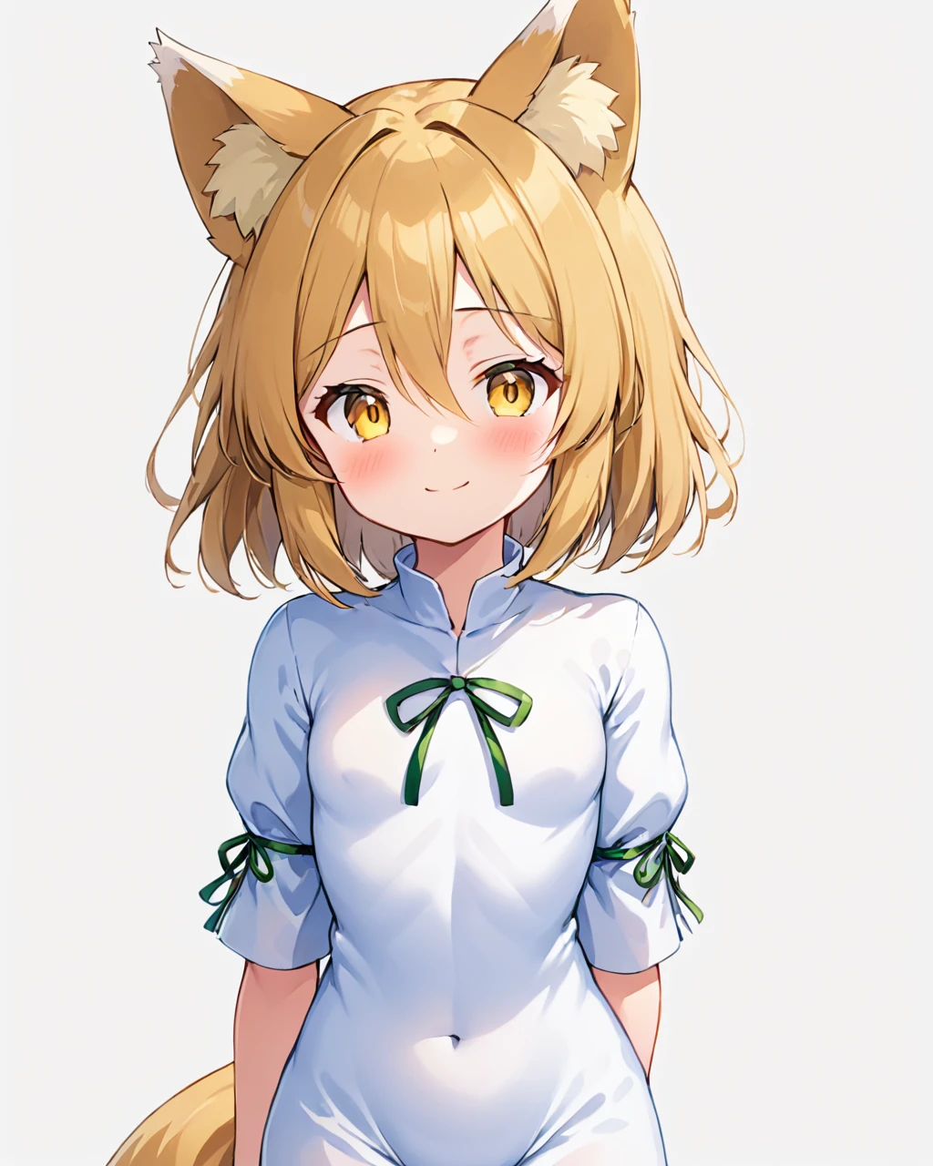 kudamaki tsukasa,1girl, solo, fox_tail, romper, white_background, simple_background, green_ribbon, short_sleeves, closed_mouth, fox_girl, smile, animal_ear_fluff, standing, cowboy_shot, blush, looking_at_viewer, small_breasts
<lora:kudamaki_tsukasa_image1939_2023-12-20-000014:1>,star-shaped_pupils,symbol-shaped_pupils,. gorgeous,key visual, vibrant, studio anime,award-winning, professional, highly detailed,high budget, cinemascope