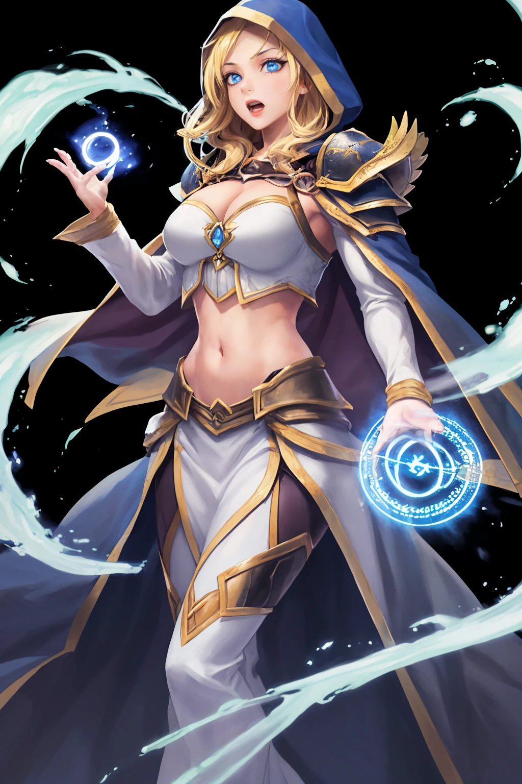 masterpiece, best quality, 1girl, solo, standing, <lora:jainaproudmoore-wow-richy-v1:1> jainapre, blonde hair, hood, cleavage, shoulder armor, cape, midriff, navel, open mouth, casting, magic, magical circle, <lora:FEH_Concept_v2:1> (black background, simple background:1.5)