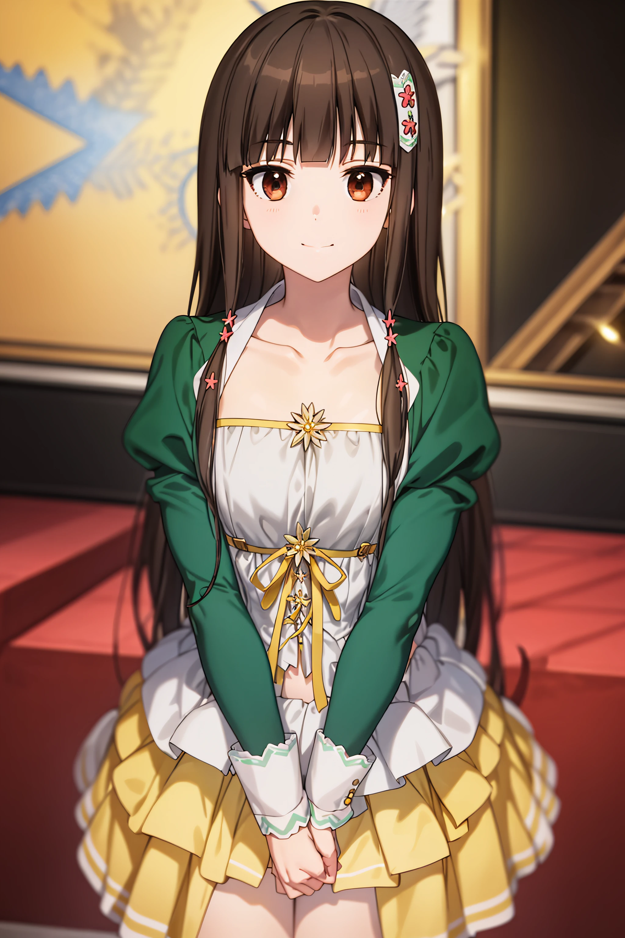 best quality, masterpiece, detailed,
<lora:AmagiBrilliantPark_Kobori:0.8>, KoboriAmagi,
solo, light smile, closed mouth,
brown hair, long hair, brown eyes, blunt bangs, hair ornament,
KoboriDress, dress, long sleeves, yellow skirt, collarbone,
standing, looking at viewer,
stage, stage lights