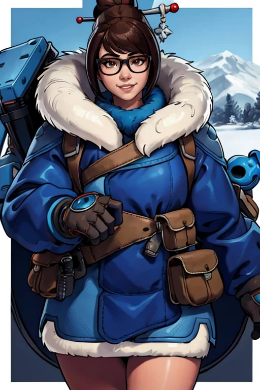 masterpiece,best quality,extreme detail,8k,image sharpness,<lora:mei-10:0.8>, mei2,1girl,solo,looking at viewer,smile,short hair,brown hair,hair ornament,gloves,holding,brown eyes,jacket,glasses,belt,hair bun,lips,coat,book,fur trim,swept bangs,single hair bun,black-framed eyewear,beads,pouch,blue gloves,winter clothes,fur-trimmed jacket,hair stick,belt pouch,winter coat,fur coat,utility belt,parka,