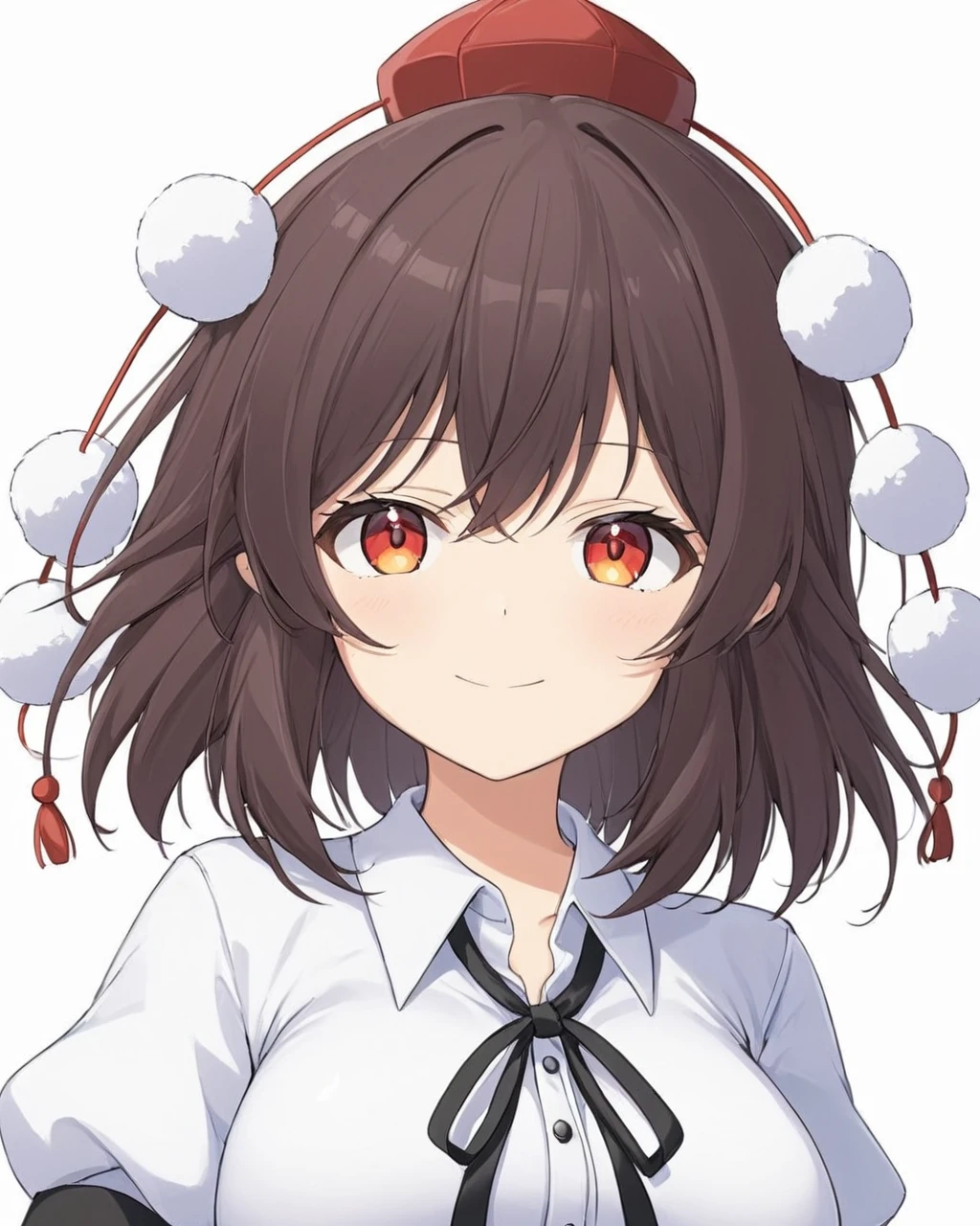 shameimaru aya,1girl, solo, tokin_hat, white_background, simple_background, upper_body, pom_pom_\(clothes\), white_shirt, red_headwear, looking_at_viewer, smile, closed_mouth, puffy_short_sleeves, collared_shirt, black_ribbon, bow, breasts
<lora:shameimaru_aya_image5713_2023-12-20-000004:1>,star-shaped_pupils,symbol-shaped_pupils,. gorgeous,key visual, vibrant, studio anime,award-winning, professional, highly detailed,high budget, cinemascope