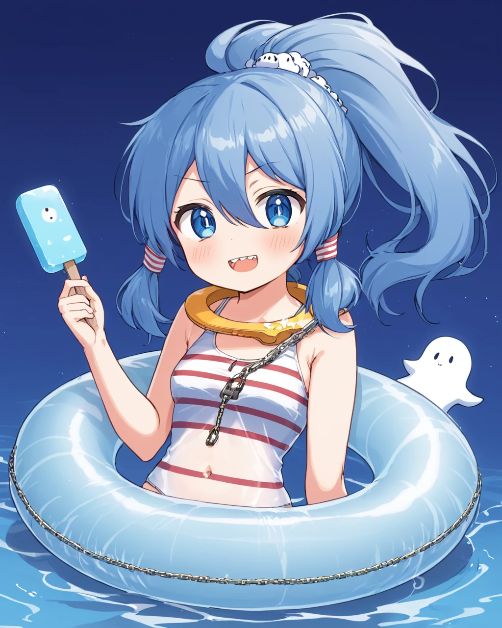 miyadeguchi mizuchi,1girl, solo, white_one-piece_swimsuit, popsicle, hair_tubes, name_tag, holding_food, ponytail, chain, hair_ornament, covered_navel, looking_at_viewer, sharp_teeth, ghost_tail, striped_shirt, old_school_swimsuit, innertube, blush
<lora:miyadeguchi_mizuchi_image85_2023-12-20-000056:1>,star-shaped_pupils,symbol-shaped_pupils,. gorgeous,key visual, vibrant, studio anime,award-winning, professional, highly detailed,high budget, cinemascope