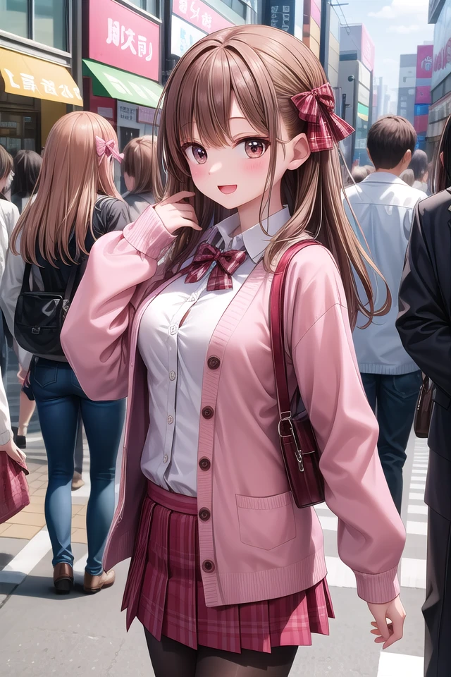 insanely detailed, absurdres, ultra-highres, ultra-detailed, best quality,
1girl, solo, nice hands, perfect hands
BREAK
(School Uniforms:1.2), (pink cardigan is fit body:1.4), ((do up a buttons, not loose):1.5), ((long sleeve, sleeves past wrists):1.2), (inner wear is white collared-shirt:1.3), (red plaid-pattern bow:1.3), (red plaid-pattern pleated skirt:1.3), ((dark-brown pantyhose, loafers):1.2) ,
BREAK
happy smile, laugh, open mouth, standing,
from side,
cute pose, cowboy shot,
BREAK
slender, kawaii, perfect symmetrical face, ultra cute girl, ultra cute face, ultra detailed eyes, ultra detailed hair, ultra cute, ultra beautiful,
BREAK
in harajuku, shibuya, tokyo, street, crowd, cityscape,
BREAK
medium large breasts,
(brown hair, brown eyes), hime cut