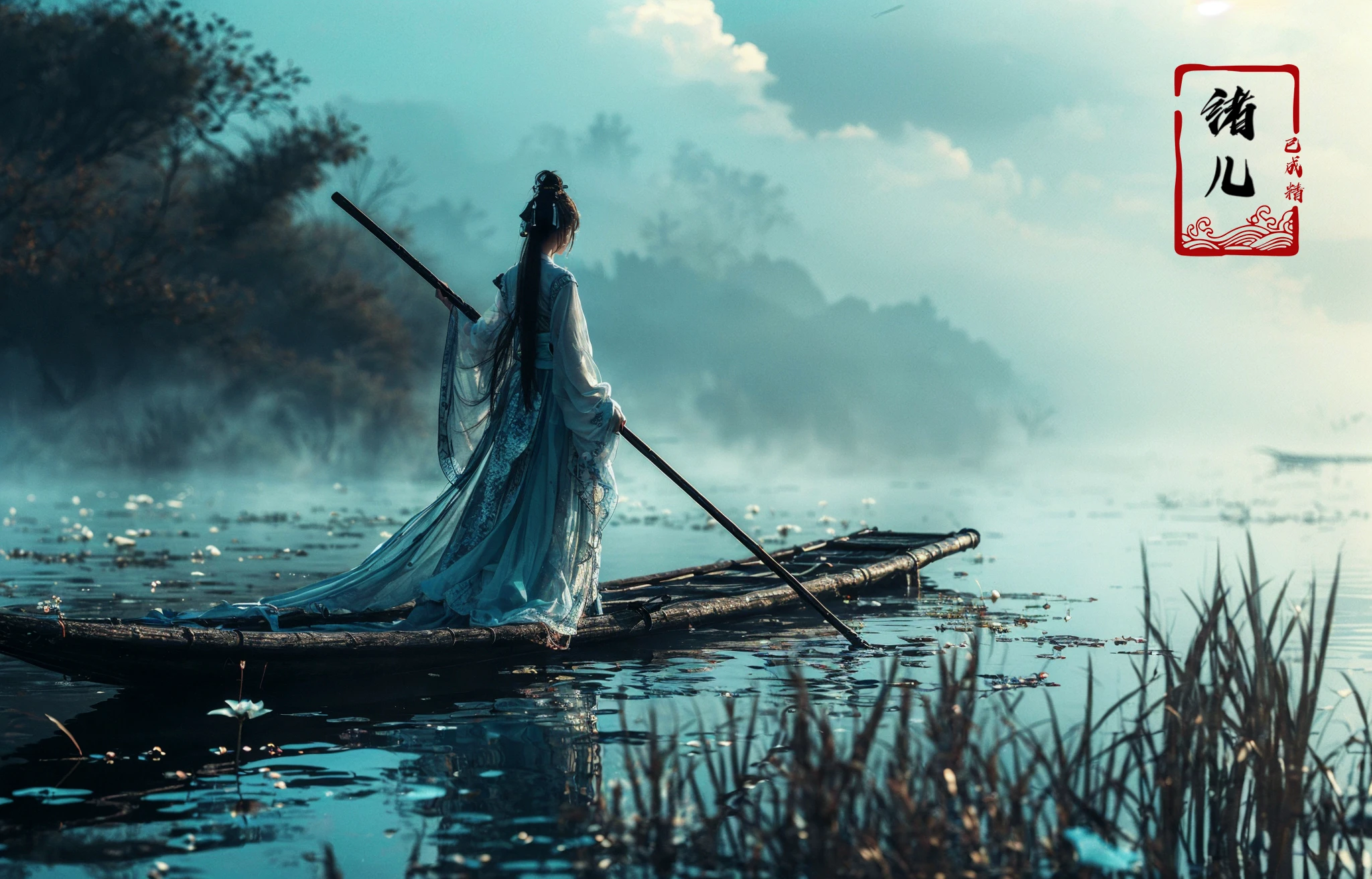 ((masterpiece))), (((best quality))), ((super detailed)), (highly detailed computer illustration), ((extremely delicate and beautiful)),  long raft with,
1girl, cloud, outdoors, solo, chinese clothes, water, sky, holding, black hair, watercraft, day, boat, single hair bun, grass, standing, hair bun, hanfu, reflection, long sleeves, cloudy sky, scenery, flower, from behi
(Real waterRealistic waterflowing water:1.0)ripples
<lora:~Q?-z{O long raft with:0.8>