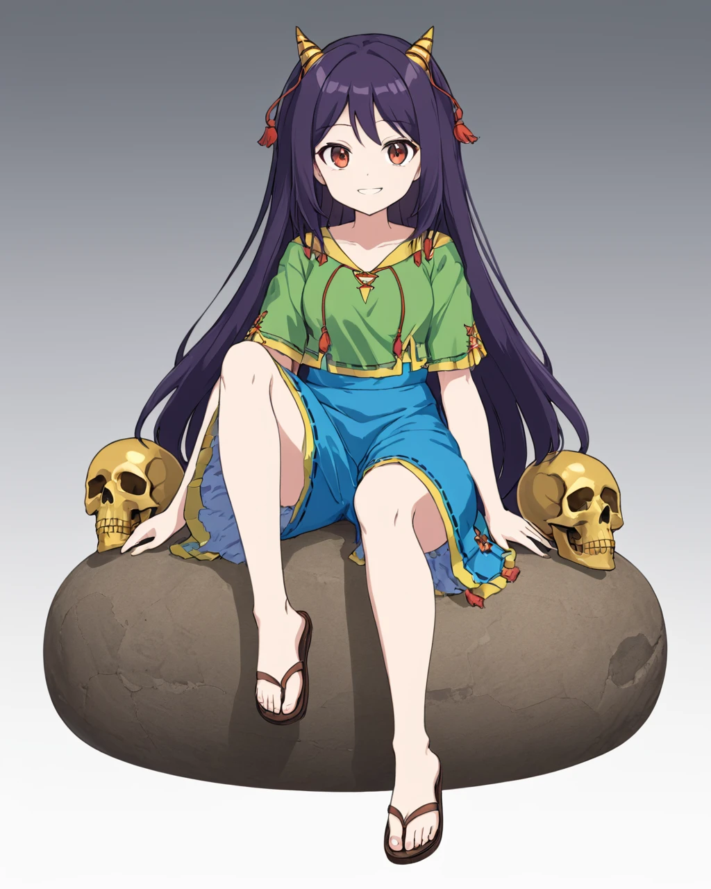 nippaku zanmu,1girl, solo, horns, sitting, smile, sandals, skull, white_background, simple_background, full_body
<lora:nippaku_zanmu_image235_2023-12-20:1>,star-shaped_pupils,symbol-shaped_pupils,. gorgeous,key visual, vibrant, studio anime,award-winning, professional, highly detailed,high budget, cinemascope