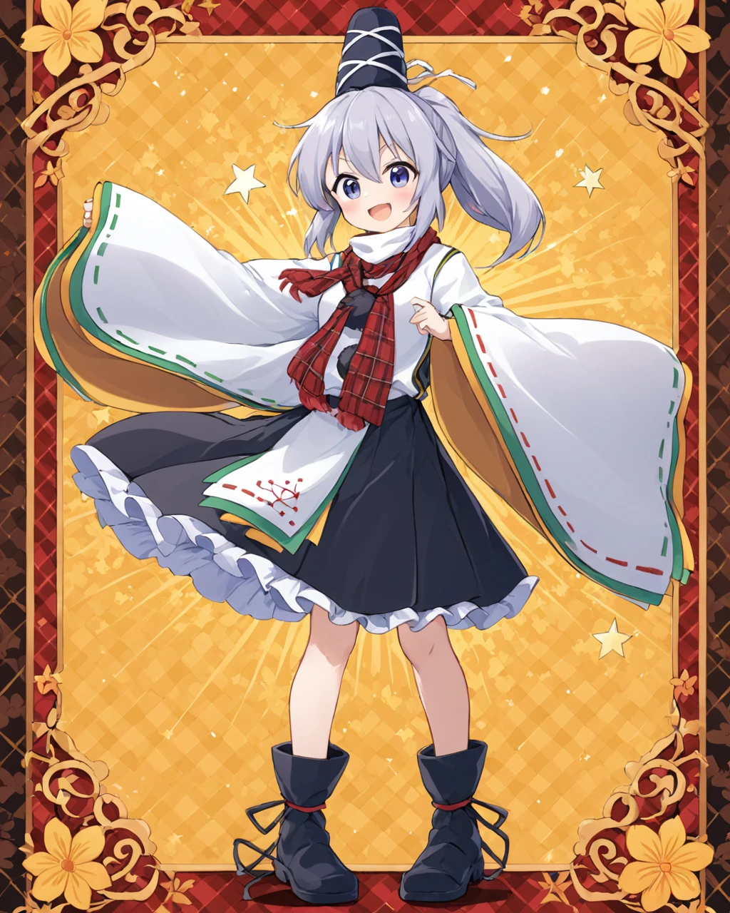 mononobe no futo,1girl, solo, tate_eboshi, kariginu, black_headwear, red_scarf, open_mouth, skin_fang, black_footwear, long_sleeves, full_body, sleeves_past_fingers, wide_sleeves, plaid_scarf, ponytail, pom_pom_\(clothes\), blush, ribbon-trimmed_sleeves, smile, boots, standing, black_skirt, thick_eyebrows, shoes, floral_background, frills
<lora:mononobe_no_futo_image4909_2023-12-20-000007:1>,star-shaped_pupils,symbol-shaped_pupils,. gorgeous,key visual, vibrant, studio anime,award-winning, professional, highly detailed,high budget, cinemascope