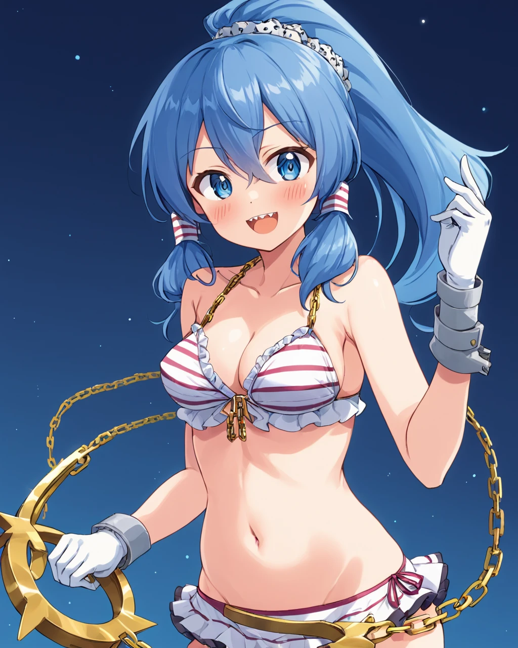 miyadeguchi mizuchi,1girl, solo, chain, striped_bikini, ponytail, navel, open_mouth, blush, sharp_teeth, white_gloves, medium_breasts, smile, hair_ornament, looking_at_viewer, cuffs, cleavage, day, jewelry, frilled_bikini, duel_monster
<lora:miyadeguchi_mizuchi_image85_2023-12-20-000056:1>,star-shaped_pupils,symbol-shaped_pupils,. gorgeous,key visual, vibrant, studio anime,award-winning, professional, highly detailed,high budget, cinemascope