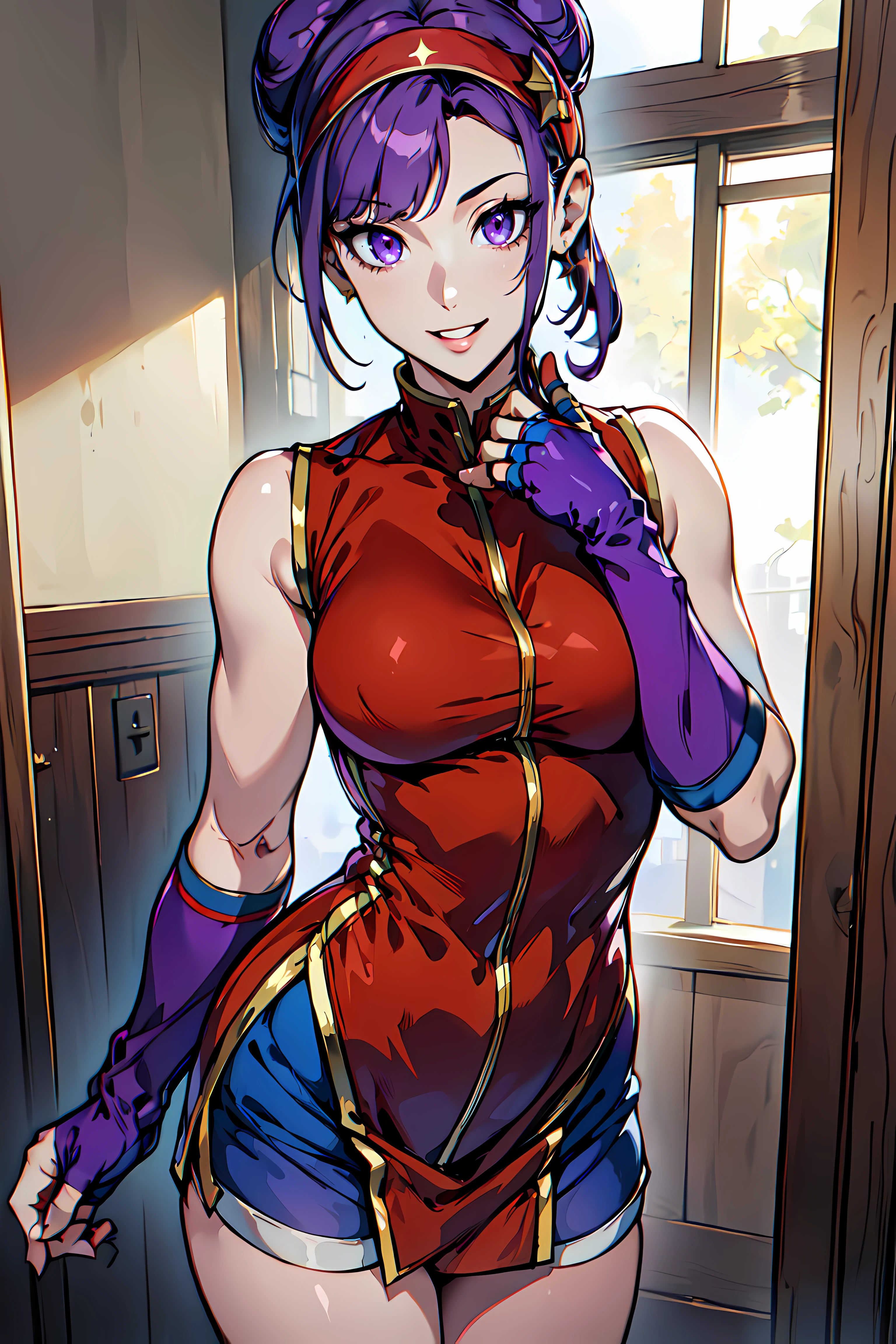 masterpiece,best quality, unreal engine, ultra res, extremely detailed,
1girl, medium breasts, waist, slender, (muscular:0.9)
<lora:Style_hews_style:0.4> <lora:Style_cutesexyrobutts_v2:0.1>
<lora:Style_puuzaki-puuna-lora-v1:0.1> <lora:Style_anmnr01AOM3A1:0.1>
<lora:Concept_Round_Breasts_V7:0.4>ROUND BREASTS, MEDIUM BREASTS
<lora:Character_ort_athena_kof2000_v0.2:0.7>athena_kof00,
purple hair, purple eyes, twin bun, bangs,
star hair ornament,headband,
red dress,fingerless gloves,gem,shorts
smile, parted lips, watching at viewer,