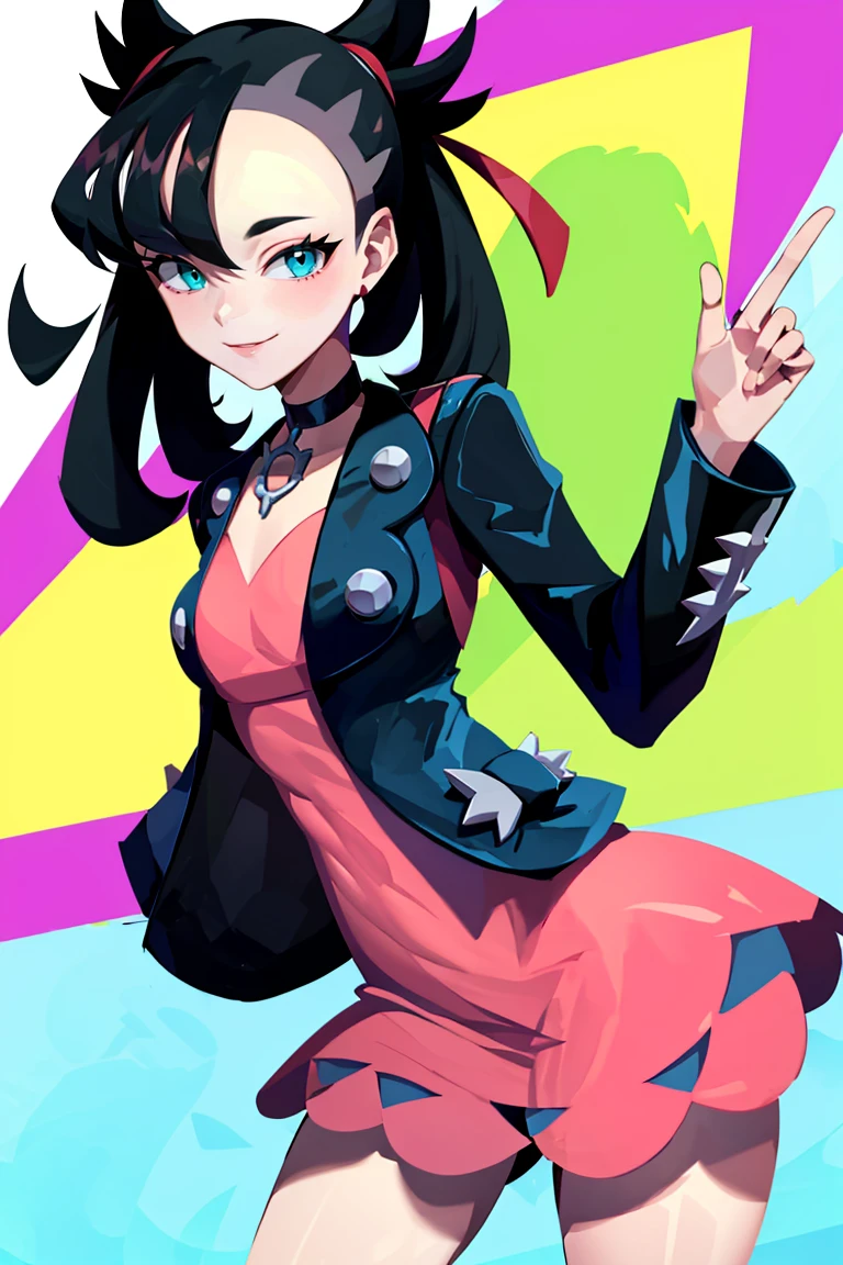 <lora:Iota_v3:0.8>, ((masterpiece,best quality)), absurdres, <lora:Marnie_Pokemon_Dim32:0.8>, Marnie_Pokemon, aqua eyes, black choker, red ribbon, jewelry, pink dress, black jacket, open clothes, long sleeves, solo, smiling, looking at viewer, cowboy shot, ,