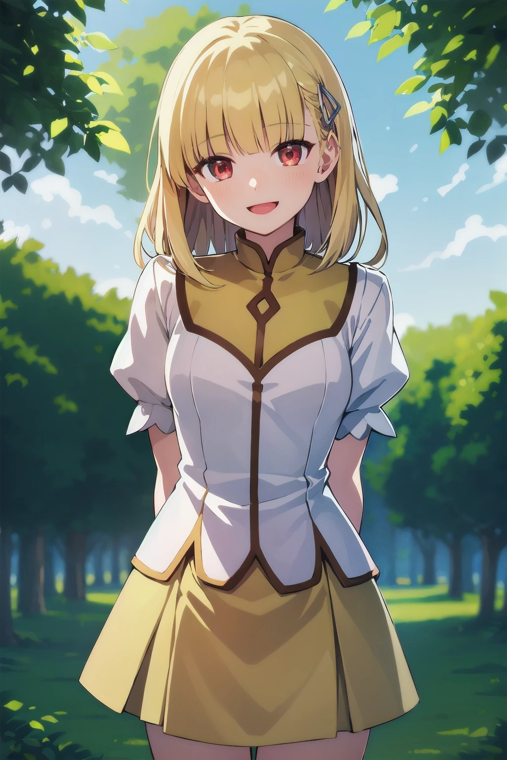 portrait, sharp focus, soft lighting, illustration, depth of field, outdoors, trees, rosetta1, 1girl, solo, looking at viewer, short hair, blonde hair, red eyes, white shirt, yellow undershirt, short sleeves, puffy sleeves, blunt bangs, arms behind back, hairclip, yellow skirt :D smiling, <lora:rosetta1-000003:0.75>