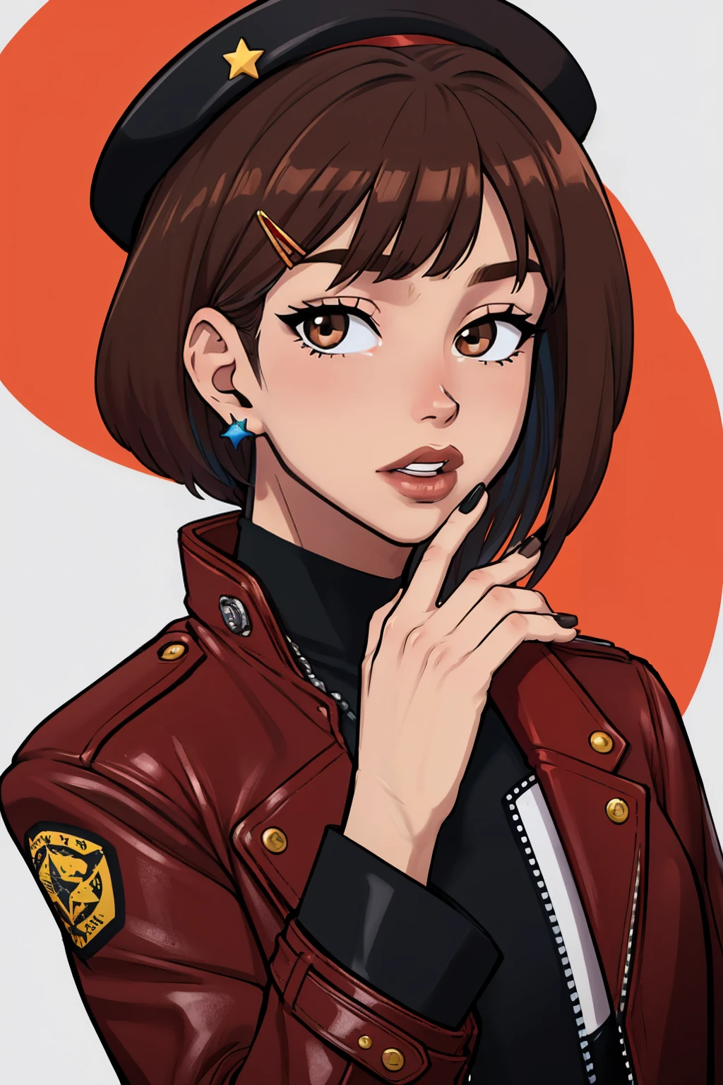 (masterpiece, best quality:1.2), <lora:mrpotatoparty:1>, mrpotatoparty, 1girl, solo, black hair, earrings, jewelry, hat, leather, black nails, brown eyes, jacket, hair ornament, leather jacket, looking at viewer, short hair, hairclip, multicolored hair, star earrings, red hair, star \(symbol\), black jacket, nail polish, nose, bangs