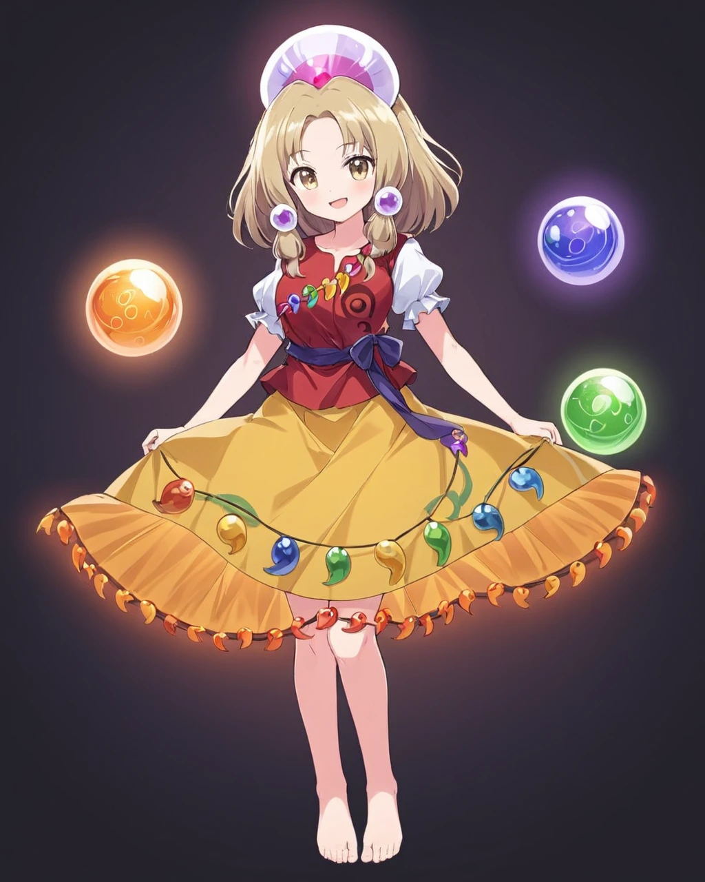 tamatsukuri misumaru,1girl, solo, yellow_skirt, open_mouth, magatama, smile, earrings, red_shirt, puffy_short_sleeves, white_shirt, black_background, purple_headwear, looking_at_viewer, tiara, barefoot, blouse, rainbow_order, orb, red_vest, medium_breasts, feet_out_of_frame, hair_ornament
<lora:tamatsukuri_misumaru_image215_2023-12-20:1>,star-shaped_pupils,symbol-shaped_pupils,. gorgeous,key visual, vibrant, studio anime,award-winning, professional, highly detailed,high budget, cinemascope