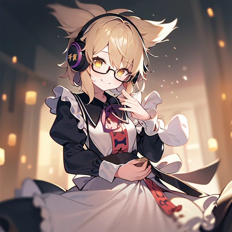 1girl, solo, masterpiece, best quality, illustration, absurdres, cute, film_grain, extremely detailed face, perfect lighting, smile, cowboy shot, <lora:toyosatomimi_no_miko:0.8>, miko_taoist, toyosatomimi no miko, short hair, pointy hair, earmuffs, bangs, small breasts, blonde hair, brown hair, brown eyes, yellow eyes, dress, maid, maid dress, glasses, hair ornament,