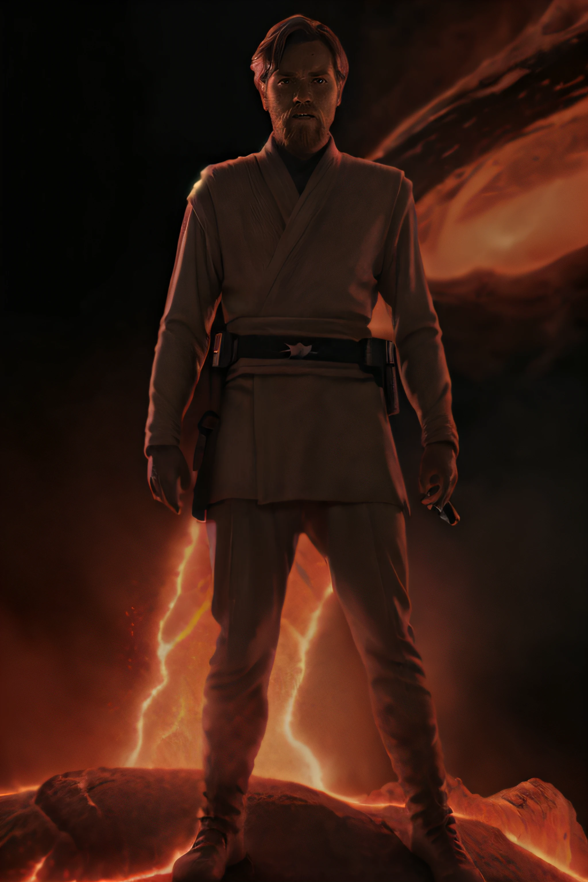 0b1w4n, full body, man standing , red hot lava, red glow from lava, sci-fi, futuristic