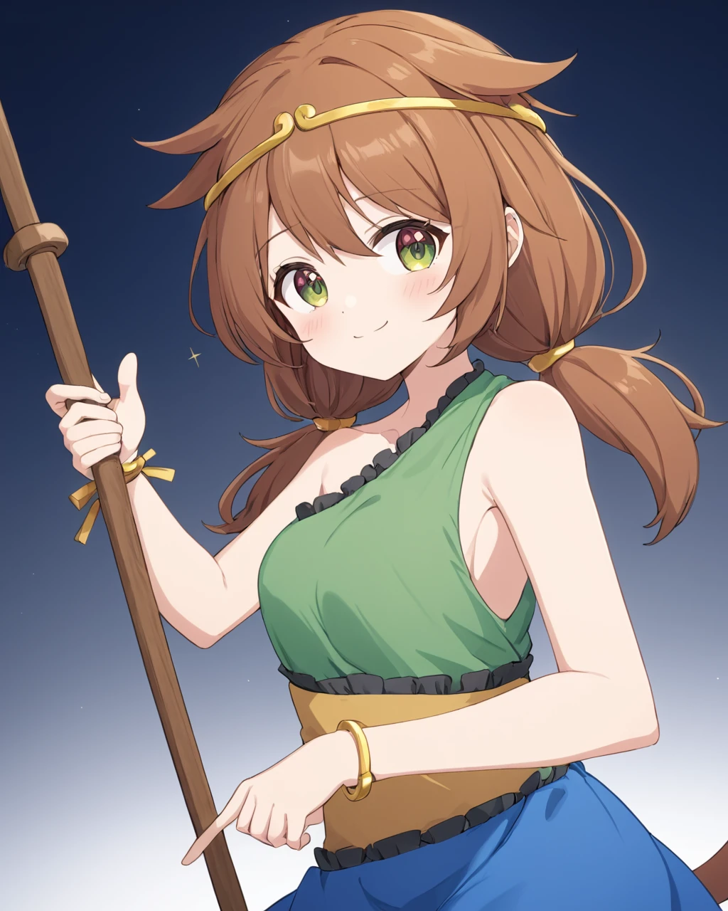 son biten,1girl, solo, white_background, simple_background, blush, green_dress, smile, horse_girl, bare_shoulders, holding_staff, :3, circlet, sleeveless, looking_at_viewer
<lora:son_biten_image350_2023-12-20-000025:1>,star-shaped_pupils,symbol-shaped_pupils,. gorgeous,key visual, vibrant, studio anime,award-winning, professional, highly detailed,high budget, cinemascope