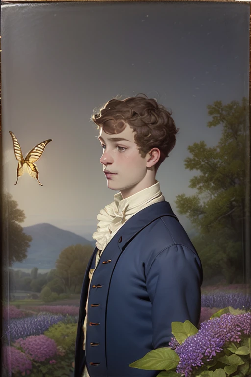 Art. Random scenery. Random tender and warm, Oil painting, Romanticism style, Freckles, Hazel eyes. (Portrait), (medium shot:1.2), 17yo guy  1800s boy's costume clothes. 
The scene is painted in oil in a romantic style, with shades of blue-violet, magenta and lilac enveloping the night garden in a magical atmosphere. The moonlight gently illuminates the tree and flowers, creating an ethereal and mysterious atmosphere. Moths flutter around the flowers, attracted by their sweet fragrance, while fireflies blink softly, he adds. 