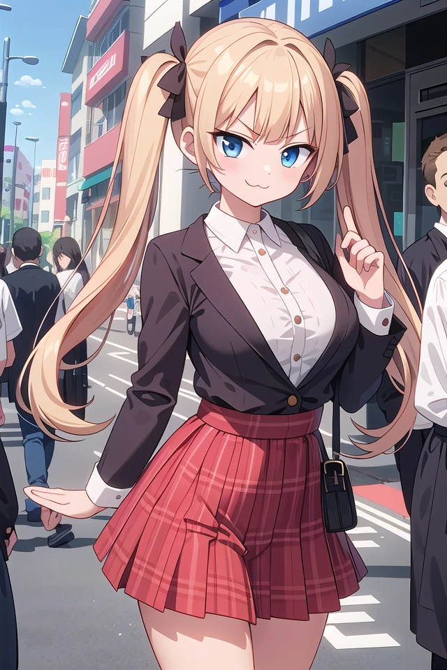 insanely detailed, absurdres, ultra-highres, ultra-detailed, best quality,
1girl, solo, nice hands, perfect hands,
BREAK
lanky,gothic dress,nylon clothes,denim dress,saddle jacket,red tartan-check pleated skirt
BREAK
(smirking, evil smile:1.2), closed mouth, (:3:1.3), v-shaped eyebrows, standing
BREAK
slender, kawaii, perfect symmetrical face, ultra cute girl, ultra cute face, ultra detailed eyes, ultra detailed hair, ultra cute, ultra beautiful,
BREAK
in harajuku, shibuya, tokyo, street, crowd, cityscape,
BREAK
medium large breasts,
blonde hair, blue eyes, twintails