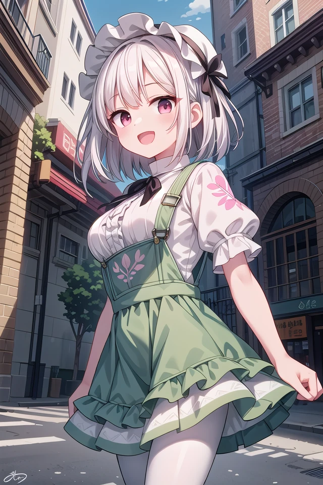 insanely detailed, absurdres, ultra-highres, ultra-detailed, best quality
BREAK
(white and light-green theme:1.4), ((gothic dress, classic and cute fashion):1.2), (light-green classic-bonnet on head:1.4), (fusion of light-green jumper-skirt and white blouse:1.5),
(light-green (overalls skirt, jumper-skirt) with white ruffles:1.4), (big light-green ribbon bow on skirt:1.4), ((short sleeves, bishop sleeves):1.3), (crinoline:1.2),
(oversized multilayer-skirt with ruffles:1.3), (white pantyhose:1.2), (Place multi-layered white ruffles on front of the skirt:1.3),
(garter belt:-1.4), (belt:-1.4), (-Metal fittings:1.4),
BREAK
(pink Detailed embroidery on skirt:1.4), (loafers:1.1),
BREAK
1 girl, solo, happy smile, laugh, open mouth,
BREAK
standing, cute pose, cowboy shot, looking at viewer,
slender, kawaii, perfect symmetrical face, ultra cute girl, ultra cute face, ultra detailed eyes, ultra detailed hair, ultra cute, ultra beautiful,
BREAK
(outdoor, in street, city, european street:1.3), ultra detailed background, (door:-1),
medium large breasts
BREAK
(white hair:1.3), medium hair, dark red eyes