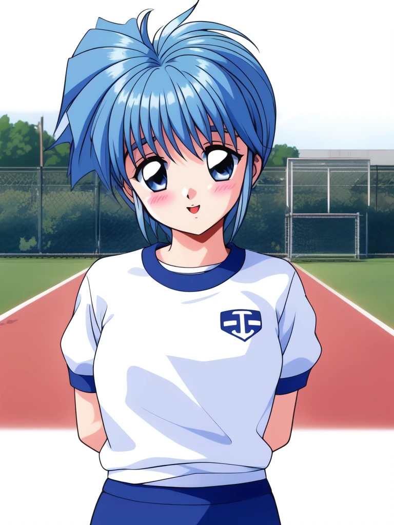 <lora:Nijino_Saki:0.8> NijinoSaki, 1girl, buruma, gym uniform, arms behind back, headband, blush, solo, blue buruma, solo focus, retro artstyle,
on, large_filesize, full color,