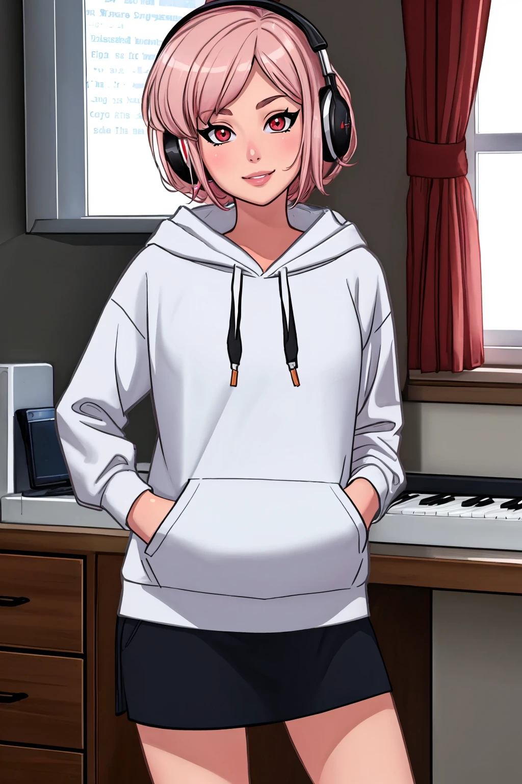 (masterpiece, best quality:1.2), <lora:sexnote:1>, sexnote, instrument, 1girl, keyboard \(instrument\), hood, short hair, hoodie, solo, headphones, hood down, smile, curtains, black hoodie, red eyes, window, looking at viewer, pink hair, clock