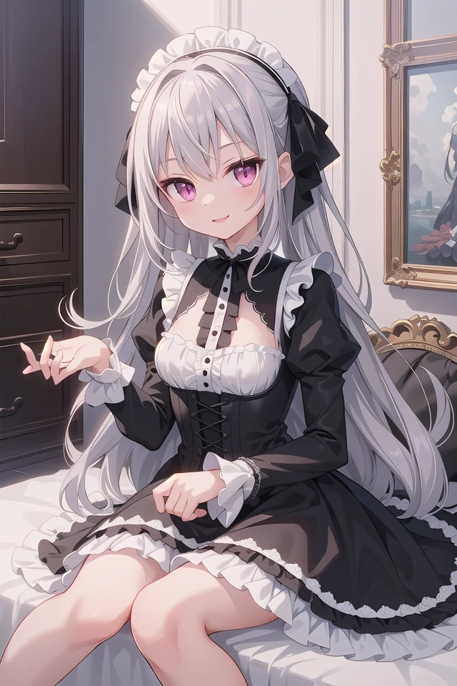 ((masterpiece:1.4, best quality)), ((masterpiece, best quality)),
one girl, cute girl, silver hair, long hair, pink eyes, smile, black gothic dress, white frill, hair dress,
indoors, castle, gothic, cute pose