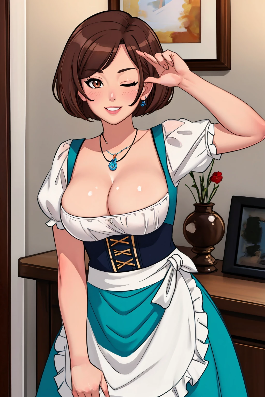 (masterpiece, best quality:1.2),  <lora:sexnote:1>, sexnote, 1girl, breasts, flower necklace, solo, brown hair, cleavage, german clothes, dirndl, brown eyes, musical note, short hair, one eye closed, necklace, aged up, large breasts, jewelry, smile, spoken musical note, eighth note, blush, apron, arm up, flower