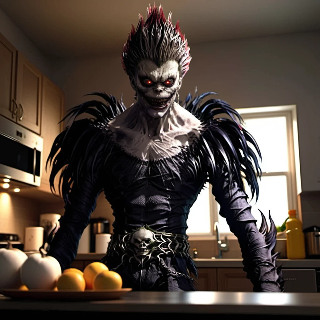 Award-winning photography, ultra realista,,RYUK, ((Toma de cuerpo completo)), (Bokeh, UHD, HDR, Altas Resoluciones, Ultra detallado, Detalles intrincados, Efectos texturales, absurdos, Obra maestra, 8k:1.2),