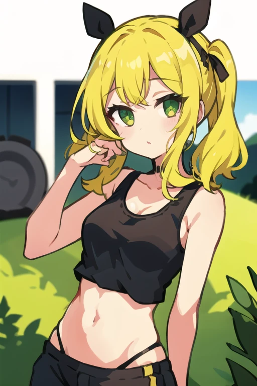 <lora:anime_color_explosion_v1:0.7>1girl,green backround,bra,bang_dream,bangs,black_tank_top,blurry,blurry_foreground