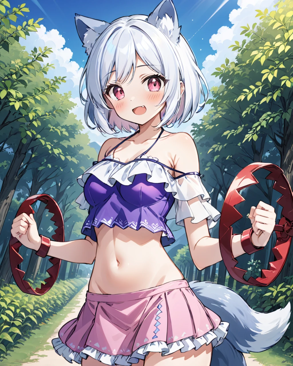 mitsugashira enoko,1girl, solo, navel, looking_at_viewer, outdoors, open_mouth, fang, stomach, day, cowboy_shot, pink_skirt, bare_shoulders, miniskirt, wolf_tail, :d, midriff, medium_breasts, bikini_skirt, purple_bikini, off_shoulder, halterneck, thighs, frilled_bikini, blush, crop_top, collarbone, standing
<lora:mitsugashira_enoko_image296_2023-12-20-000030:1>,star-shaped_pupils,symbol-shaped_pupils,. gorgeous,key visual, vibrant, studio anime,award-winning, professional, highly detailed,high budget, cinemascope