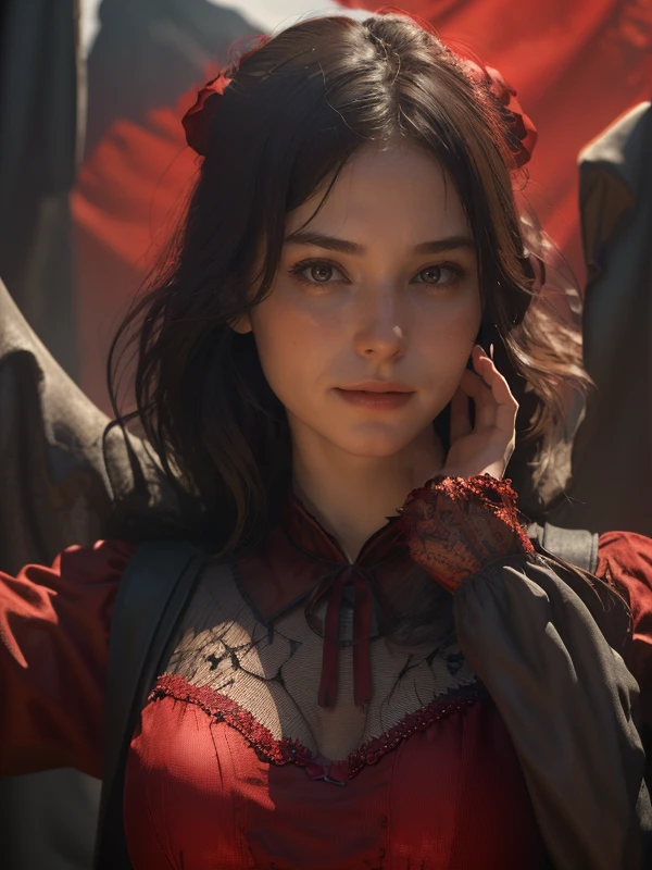 best quality, masterpiece, (realistic:1.2), hdr,  detailed, 1girl,  waving, upper body, hand,evil smile, red theme, , high quality, masterpiece,soft light, Subsurface scattering