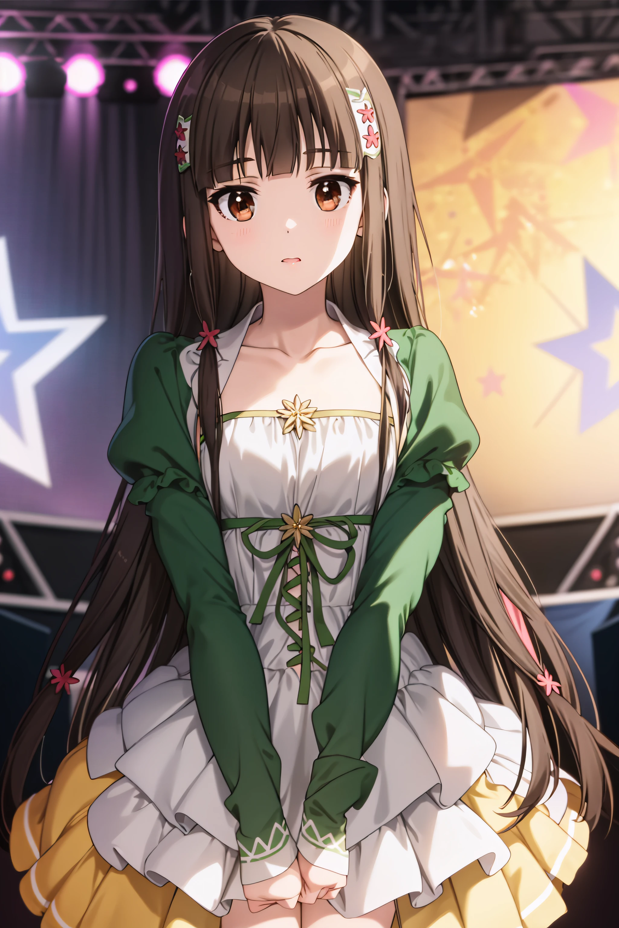 best quality, masterpiece, detailed,
<lora:AmagiBrilliantPark_Kobori:0.8>, KoboriAmagi,
solo,
brown hair, long hair, brown eyes, blunt bangs, hair ornament,
KoboriDress, dress, long sleeves, yellow skirt, collarbone, white thighhighs,
standing, looking at viewer,
stage, stage lights