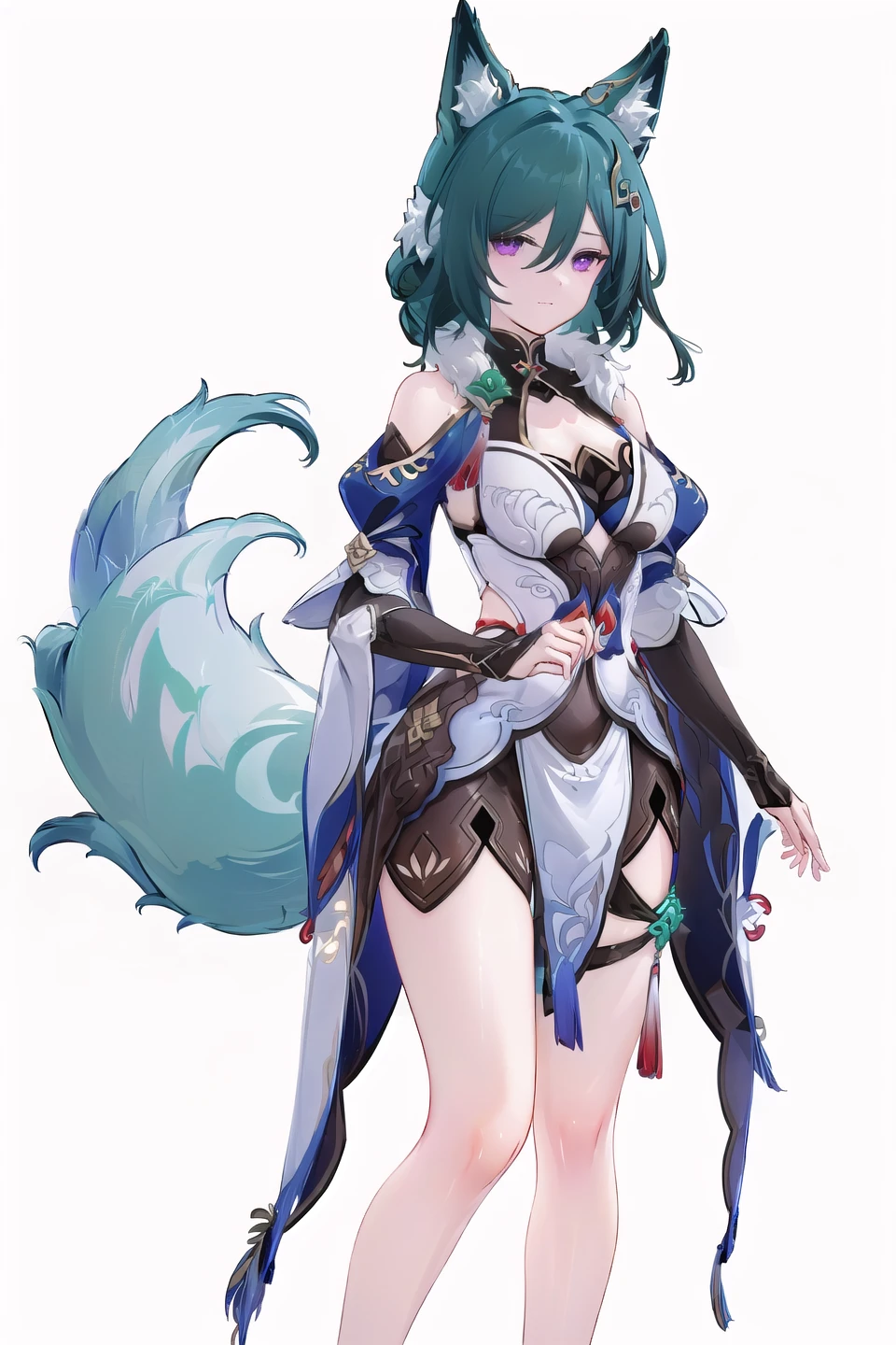<lora:KitsuneV2:0.8> 1girl, animal ear fluff, animal ears, artist name, bell, black pants, clothing cutout, enigma_kitsune, floral print, fox ears, gloves, grey background, hand fan, hand on hip, holding bow (weapon), jewelry, large breasts, long hair, looking at viewer, male focus, nipples, revealing clothes, shorts, solo, tail, upper body, very long hair