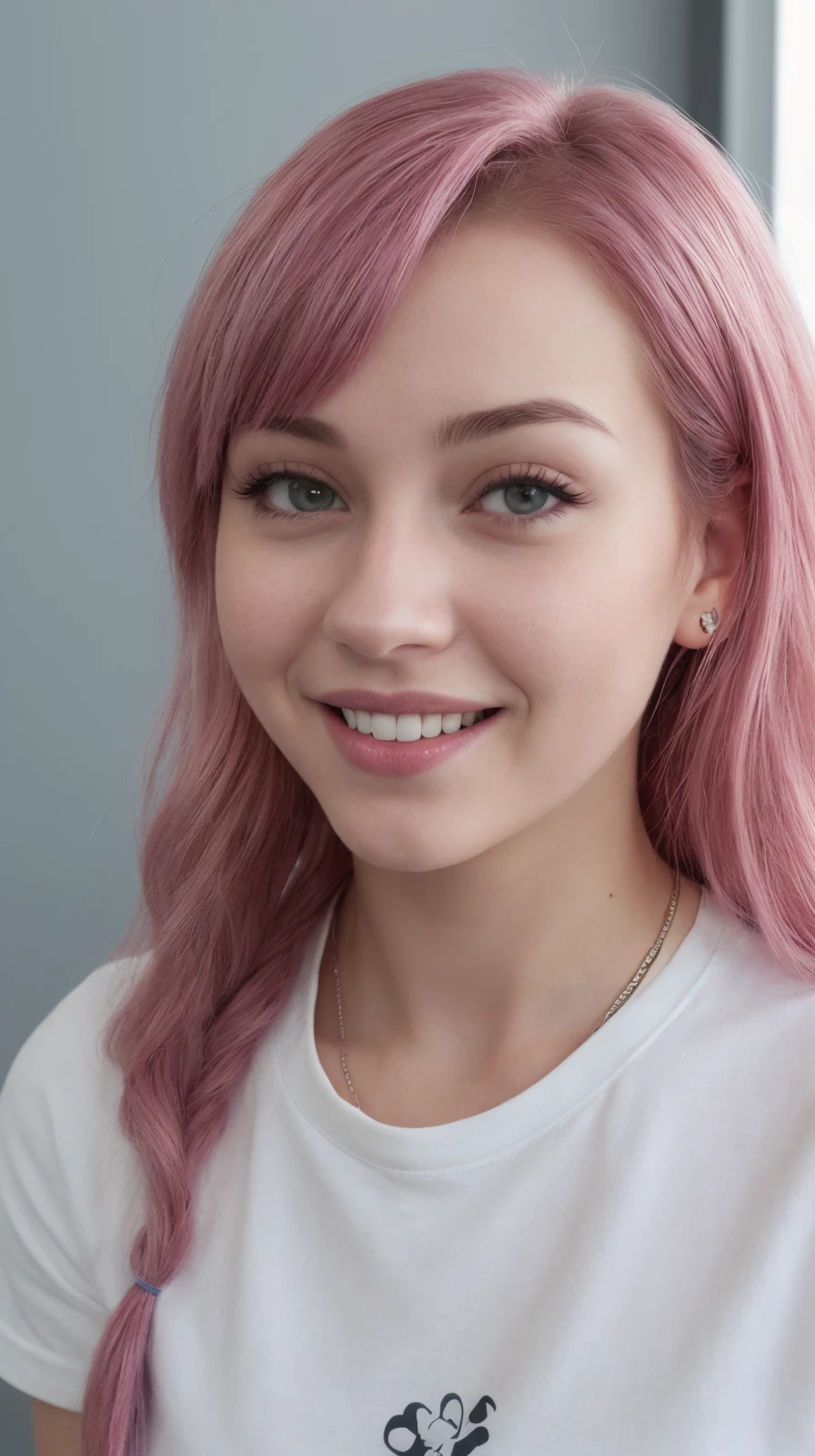 (disney pixar style:1.15) (cute adorable girl:1.1) (adult age 19:1.1) hotpink hair, sexy smile, thin and fit, blue eyes, plain white tshirt