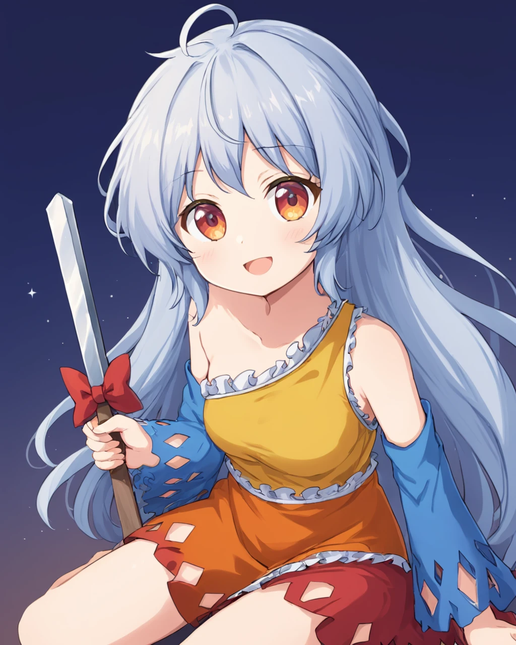 sakata nemuno,1girl, solo, single_strap, open_mouth, detached_sleeves, multicolored_dress, smile, looking_at_viewer, orange_dress, holding_weapon, bare_shoulders, yellow_dress, blue_sleeves, red_dress, red_bow, one-hour_drawing_challenge, sitting
<lora:sakata_nemuno_image573_2023-12-20-000015:1>,star-shaped_pupils,symbol-shaped_pupils,. gorgeous,key visual, vibrant, studio anime,award-winning, professional, highly detailed,high budget, cinemascope