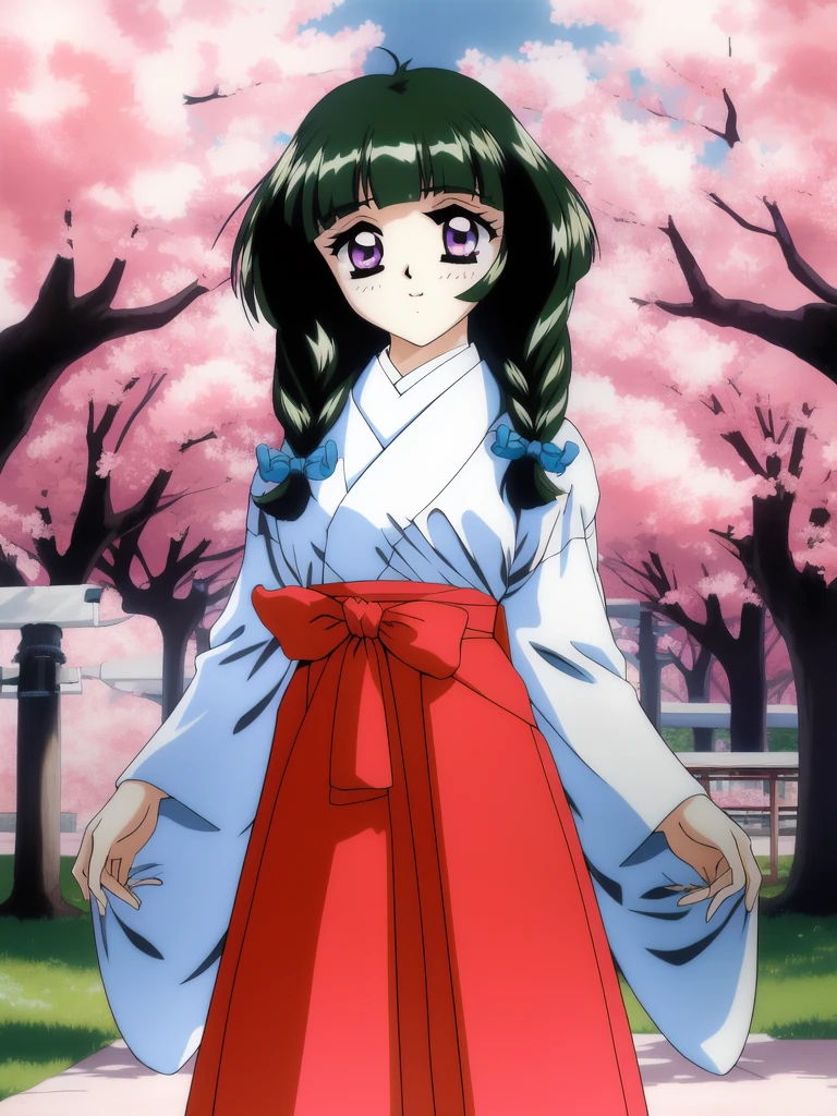 <lora:Kamiyama_Miko:1>, KamiyamaMiko, japanese clothes, miko, 1girl, skirt, hakama, hakama skirt, red hakama, purple eyes, long sleeves, green hair, retro artstyle, solo, long hair, 1990s (style), under body,
japanese white clothes, miko, red hakama, shrine, cherry blossom,
masterpiece, high quality, very_high_resolution, large_filesize, full color,