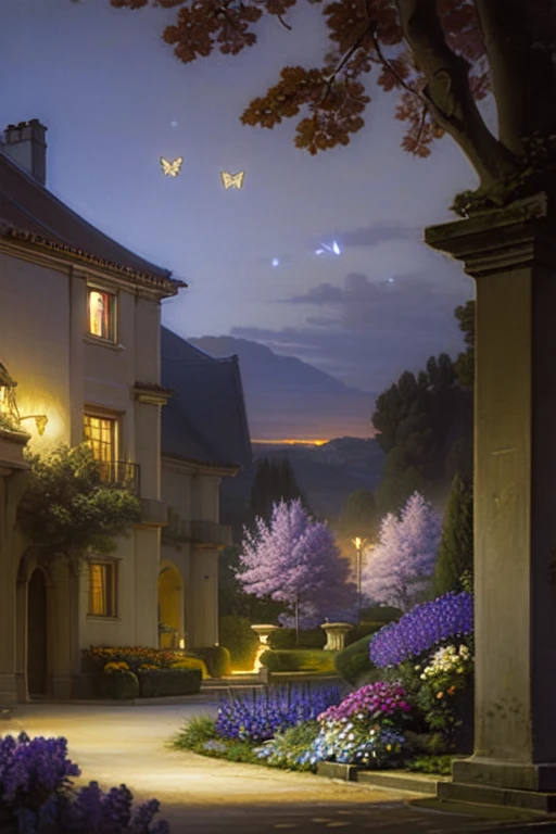 (Wide shot:1.5), (blurry:1.3), The scene is painted in oil in a romantic style, with shades of blue-violet, magenta and lilac enveloping the night garden in a magical atmosphere. The moonlight gently illuminates the tree and flowers, creating an ethereal and mysterious atmosphere. Moths flutter around the flowers, attracted by their sweet fragrance, while fireflies flicker softly, adding flashes of flashing light to the nightscape., Oil painting, Romanticism style