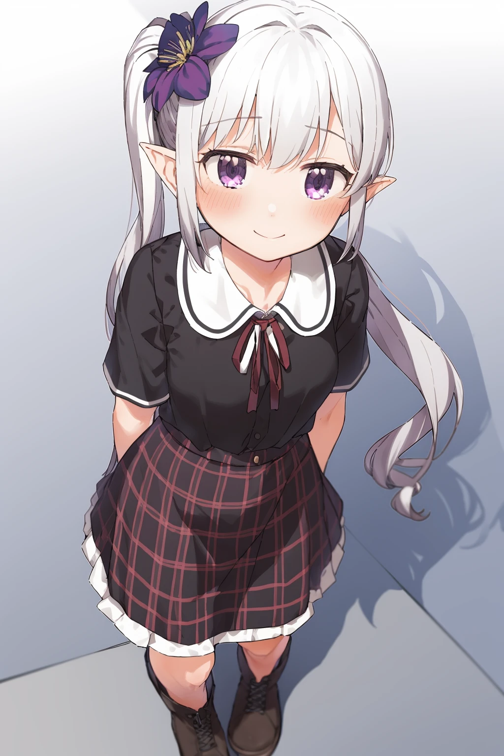 An elf woman, very dark tanned skin, beautiful silver hair, tied back, pointed ears, beautiful red eyes, pink lips, looking at the viewer, shy face, cheerful smile, masterpiece , short-sleeved sailor uniform, knee-length navy blue skirt, black socks, shoes, cute pose,