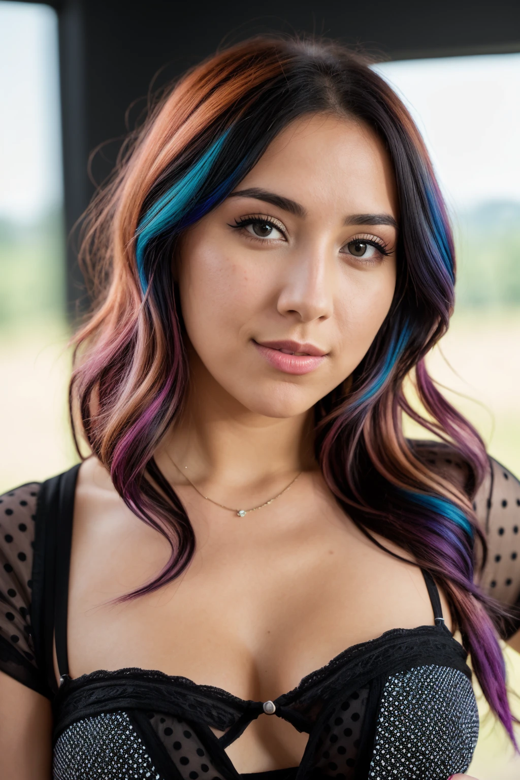 a woman multi-colored hair in a black polka dot dress with her hand on her head and her hand on her hip, ((SFW)), subject, photorealistic, hyperrealistic, hyperdetailed, uncensored, hyper realistic, realistic photography, high definition, insanely detailed, 4k, 8k, 16k, HDR 4k, 4k textures, 8k textures, 8k uhd, dslr, high quality, film grain, Fujifilm XT3, sharp details, sharp focus, at studio, 85mm, ultra sharp, 16k textures