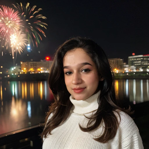 <lora:kavyaa_sd15_512_128_64_v1:1>kavyaa,1girl,looking at viewer, new years eve party fireworks in background, wearing a turtleneck sweater