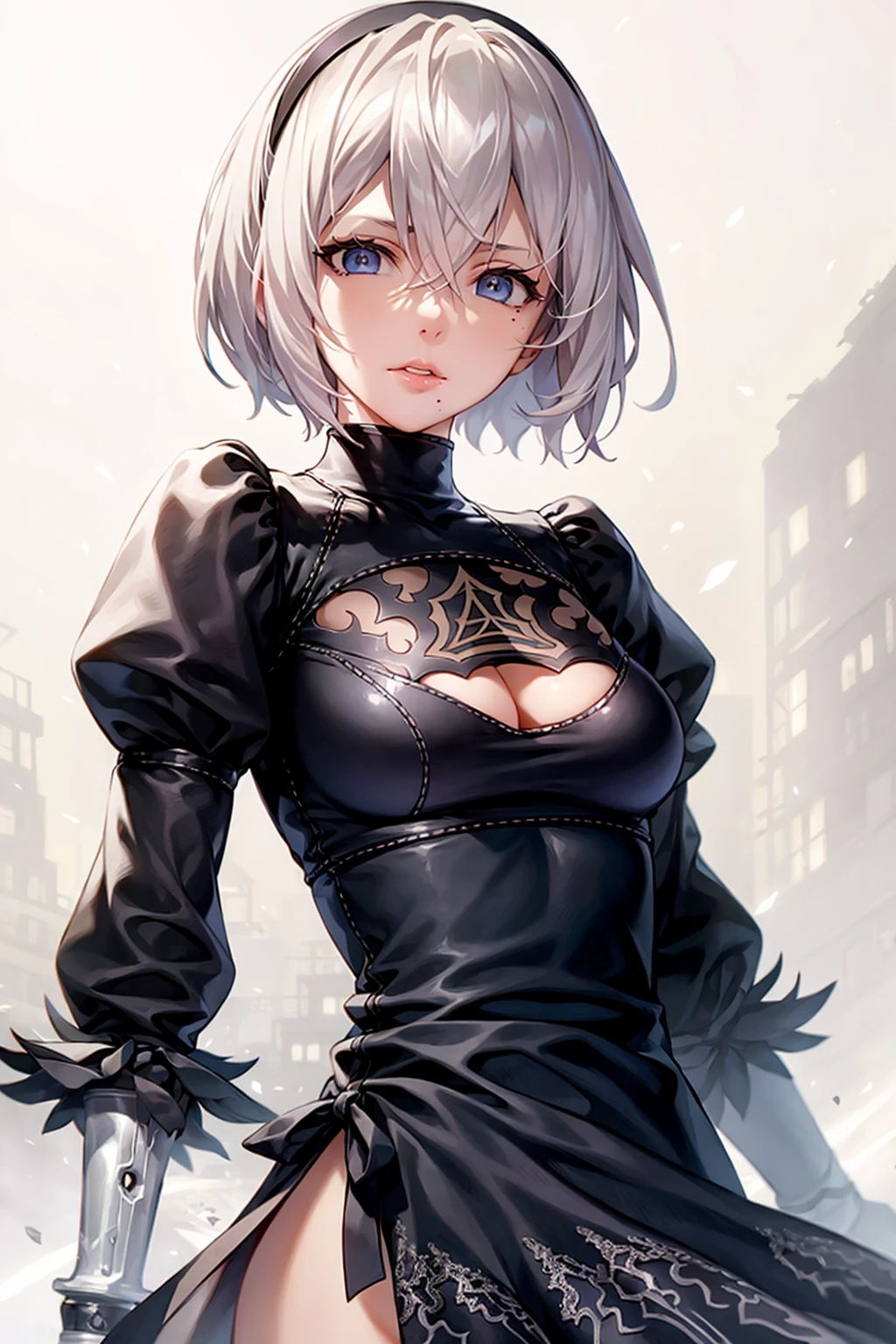 masterpiece, best quality, <lora:2b:1>,
1girl, solo, yorha no. 2 type b, dress, black dress, hairband, white hair, mole under mouth, white background, short hair, breasts, no blindfold, puffy sleeves, long sleeves, mole, clothing cutout, black hairband, upper body, hair between eyes, cleavage cutout, simple background, juliet sleeves, weapon on back, weapon, grey eyes, medium breasts, looking at viewer, parted lips, sword, blue eyes, bangs, lips