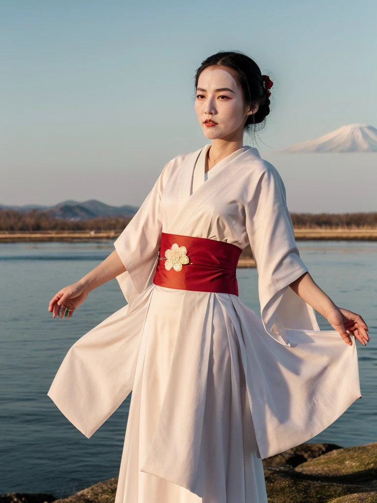 <lora:rnk-29:1> rnk,japanese Kepatsu hair, white painted face,wearing red japanese dress, full body,masterpiece,blue sky,8k,uhd,soft lighting