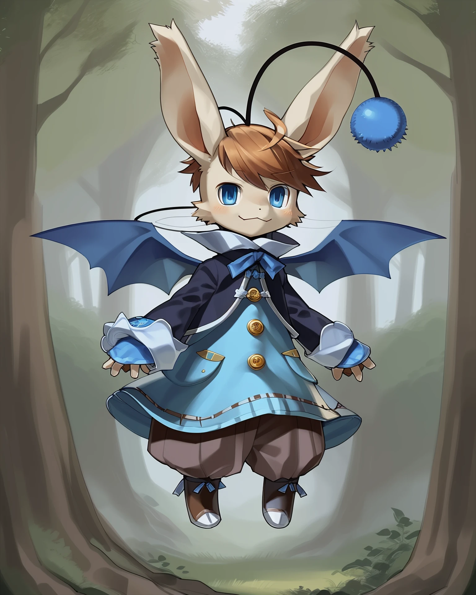 <lora:FF_Hurdy_a1_10_VPred:1>,
character portrait of a,male,chibi,hurdy,solo,hi res,
detailed background,outdoors,by kame 3,full-length portrait,three-quarter view,hurdyoutfit,forest,blue eyes,floating,pom antenna,wings,