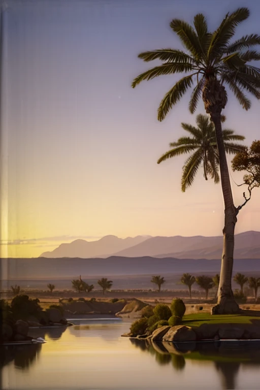 (Wide wide shot:1.5), (blurry background:0.5), Vibrant greens broke the monotony of the desert. The oasis was a haven of life amidst aridity, with tall, leafy palm trees providing shade and shelter from the intense heat. The crystal clear water of the oasis reflected the orange and reddish hues of the sunset, creating a breathtaking visual spectacle. Oil painting, Oil painting, Romanticism style