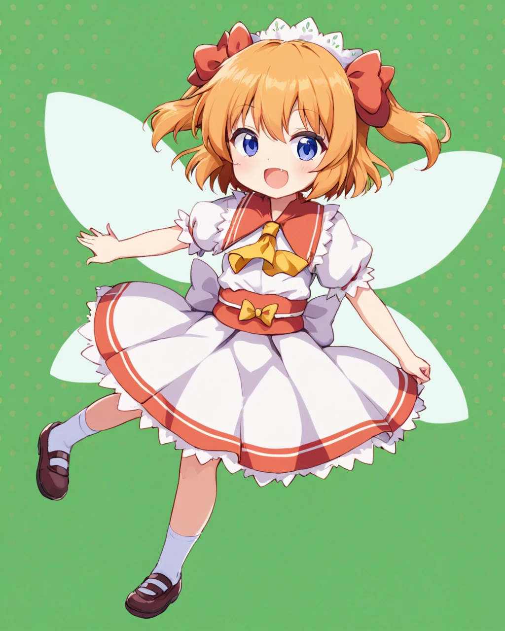 sunny milk,1girl, fang, fairy_wings, solo, open_mouth, polka_dot_background, headdress, two_side_up, shoes, skirt, looking_at_viewer, hair_bow, yellow_ascot, fairy, white_socks, sash, :d, full_body, puffy_short_sleeves, white_shirt, red_bow, green_background
<lora:sunny_milk_image988_2023-12-20:1>,star-shaped_pupils,symbol-shaped_pupils,. gorgeous,key visual, vibrant, studio anime,award-winning, professional, highly detailed,high budget, cinemascope