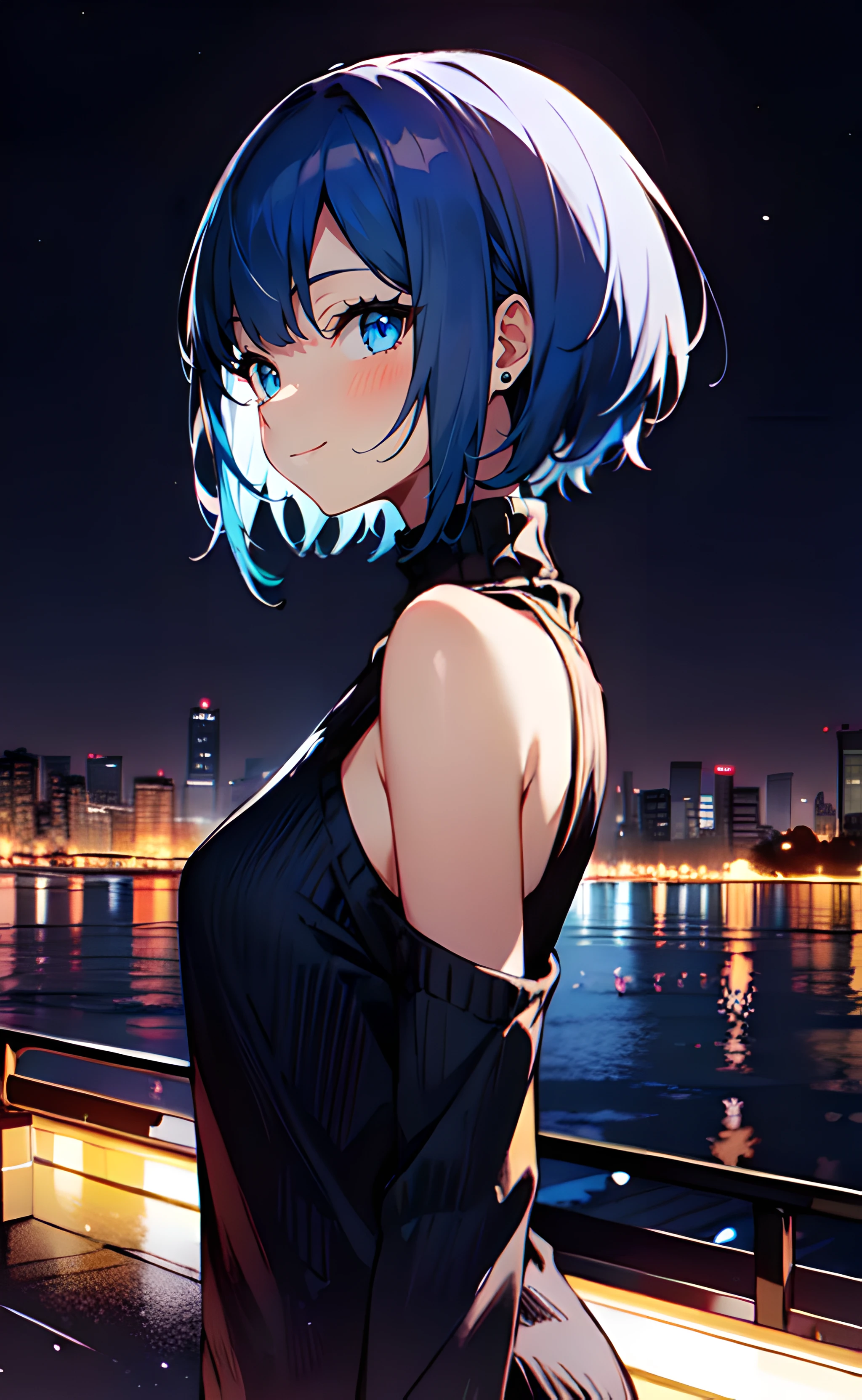 1girl, upper body, standing, from side, short hair, blue hair, blue eyes, black sweater, long sleeves, shoulder cutout, bare shoulders, closed mouth, smile, outdoors, city, cityscape, night, night sky