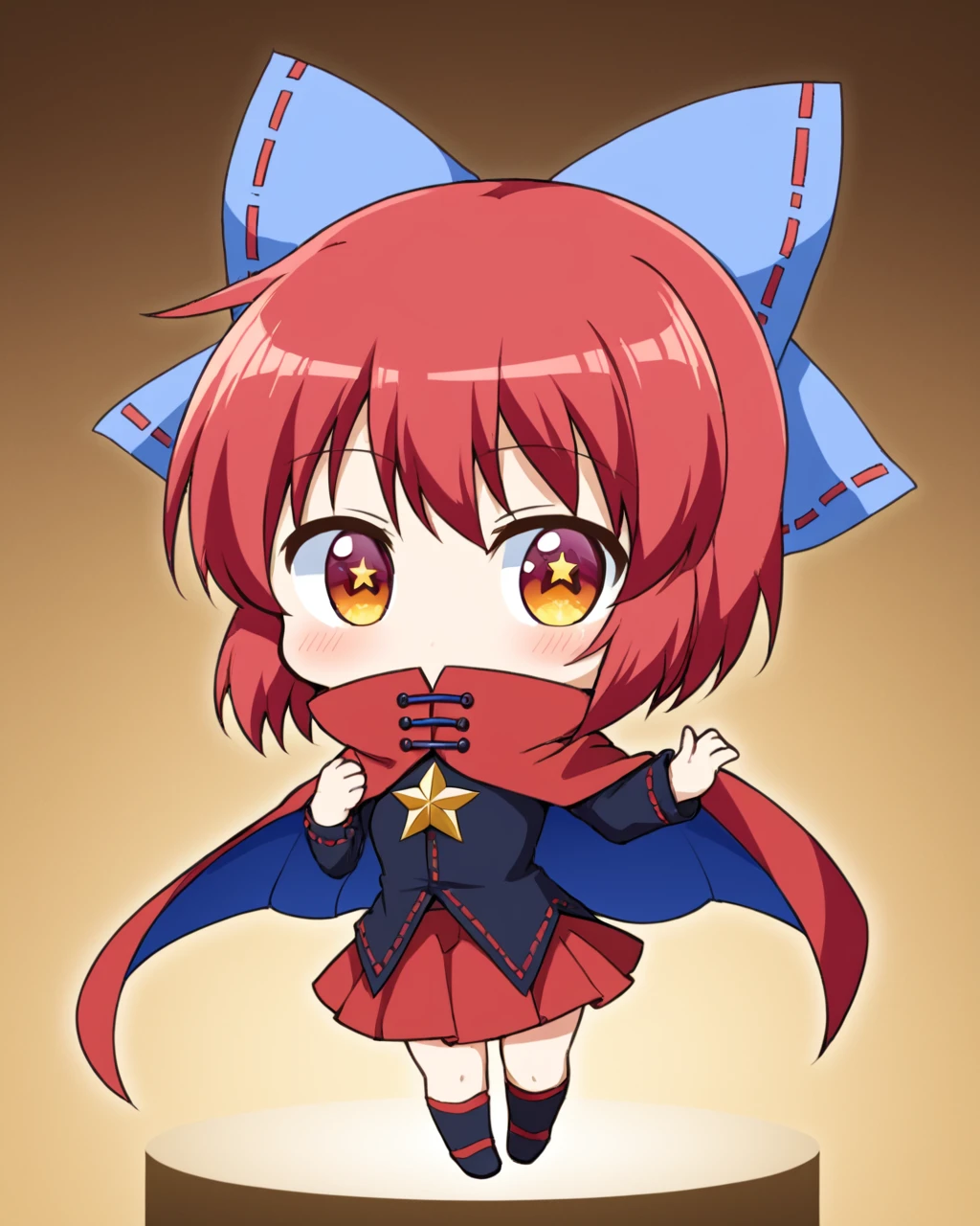 sekibanki,1girl, hair_bow, solo, cape, blush, jitome, chibi, high_collar, covered_mouth
<lora:sekibanki_image5492_2023-12-20-000008:1>,star-shaped_pupils,symbol-shaped_pupils,. gorgeous,key visual, vibrant, studio anime,award-winning, professional, highly detailed,high budget, cinemascope