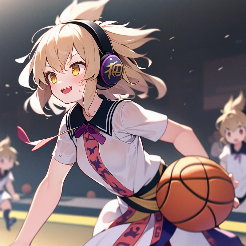 1girl, solo, masterpiece, best quality, illustration, absurdres, cute, film_grain, extremely detailed face, perfect lighting, smile, cowboy shot, <lora:toyosatomimi_no_miko:0.8>, miko_taoist, toyosatomimi no miko, short hair, pointy hair, earmuffs, bangs, small breasts, blonde hair, brown hair, brown eyes, yellow eyes, see-through, basket ball, basket uniform, holding, holding basketball, sweat, wet, serious, running effect, fast action, basketball court, open mouth, physical sport, running, looking away, dribbling,